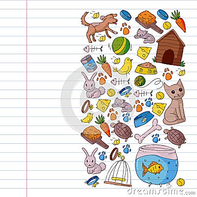 Pet shop. Vector illustration with animals, dog, cat, fish, Colorful background with kitten, bird, puppy. Veterinarian Vector Illustration