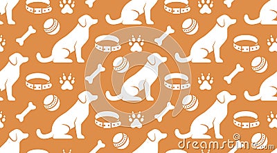 Pet shop vector seamless pattern with flat icons of sitting dog, collar, paw, toy ball and bone. White puppy silhouette Vector Illustration
