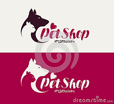 Pet shop or veterinary clinic logo. Animals, dog, cat icon. Lettering vector illustration Vector Illustration