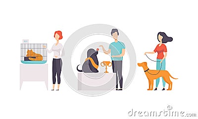 Pet Show Exhibition Set, Owners with Purebred Dogs and Cats Taking Part in Competition Vector Illustration Vector Illustration