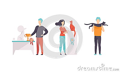 Pet Show Set, Owners and their Purebred Dogs and Cats Taking Part in Competition Vector Illustration Vector Illustration