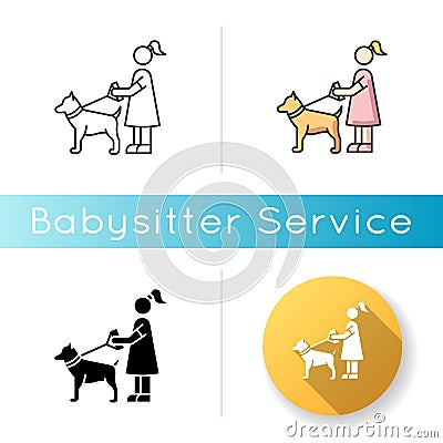 Pet sitting icon. Woman with dog on leash. Pet owner. Obedient domestic animal. Trainer service. Girl walk outdoor Vector Illustration