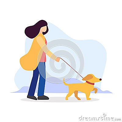 Pet sitting. Woman with dog on leash. Pet owner. Obedient animal. Vector isolated flat cartoon modern illustration in Vector Illustration