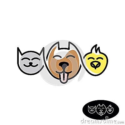Pet store logo. Funny cat, dog and bird heads linear style. Vector Illustration