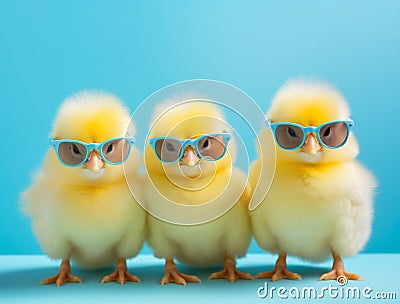 Bird cock life sunglasses small soft yellow glasses animal chick young chicken farming baby poultry Stock Photo