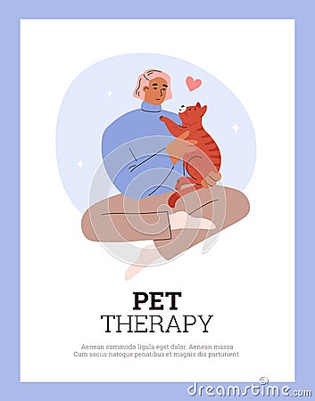 Pet therapy banner or card with woman petting a cat, flat vector illustration. Vector Illustration