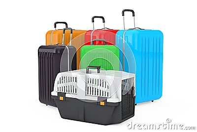 Pet Travel Plastic Cage Carrier Box near Large Multicolour Polycarbonate Suitcases. 3d Rendering Stock Photo