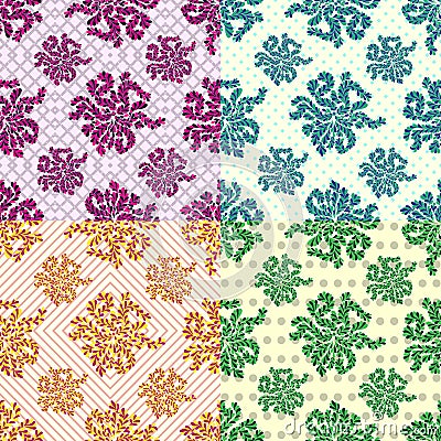 Petals of flowers set of 4 colored vector seamless geometric patterns on the background Vector Illustration