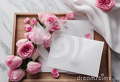 petals pink spring flowers table marble mockup envelope wooden template close Romantic white tray Blank up Stock Photo
