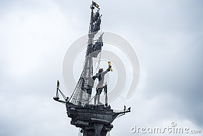 A Peter the Great statue in moskva river in Moscow, stands atop a tower of ships, clutching a golden scroll in his hand, Peter Editorial Stock Photo