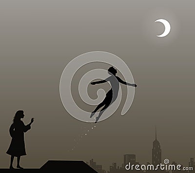 Peter Pan and Wendy on the roof, peter pan flies, couple, Vector Illustration