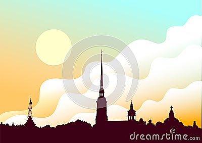 Peter and Paul Fortress, Saint-Petersburg, Russia. View from Neva river. Russian cityscape silhouette vector background. Vector Illustration