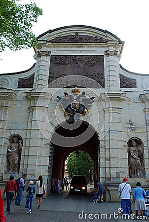 Peter`s gate - the triumphal gate of the Peter and Paul fortress in Saint Petersburg Editorial Stock Photo