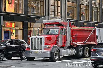 Peterbilt truck riding on street in New York City Editorial Stock Photo