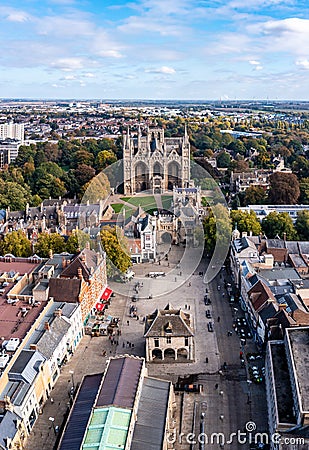 Aerial view of Peterborough Cathedral and Guildhall in Cathedral Square Editorial Stock Photo