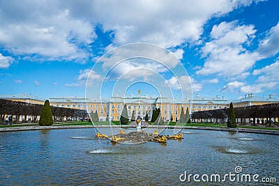 Peterhof fountains and palace view and tourists in Saint Petersburg Editorial Stock Photo