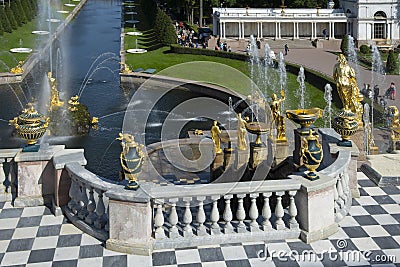Peterhof, fragment of the fountain Bolshoy Cascade Sea Channel Editorial Stock Photo