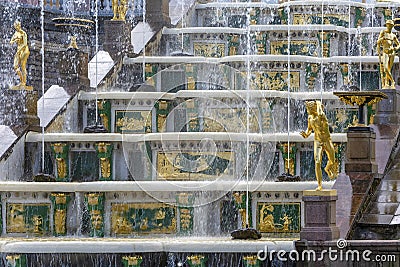 Peterhof, a fragment of the Western waterfall staircase of the Grand cascade Editorial Stock Photo