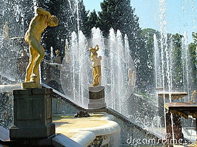 Peterhof. Grand Cascade. Large palace of museum complex Petrodvorets Editorial Stock Photo