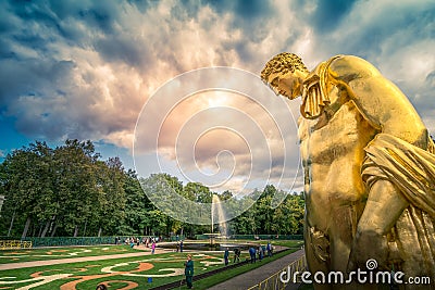Peterhof Palace, golden statue with water streams and fountains Editorial Stock Photo