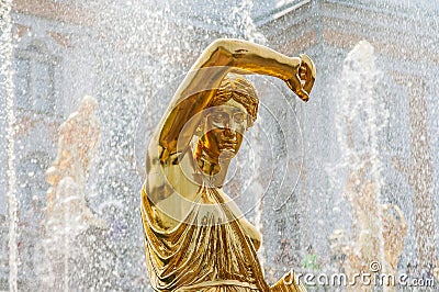 Peterhof Palace St Petersburg, Russia. Lower Park Grand Cascade fountain's Golden Statue. The Peterhof Palace included Editorial Stock Photo