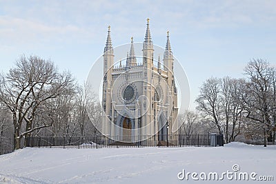 Ancient chapel of St. Alexander Nevsky in a winter landscape. Alexandria Park, Peterhof Editorial Stock Photo