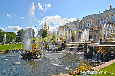 PETERHOF, RUSSIA. View of the Samson Who Is Tearing Apart a Lion Mouth fountain and Big cascade. Lower park Stock Photo