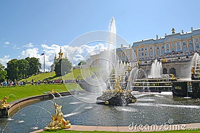 PETERHOF, RUSSIA. View of the Samson Who Is Tearing Apart a Lion Mouth fountain and Big cascade. Lower park Stock Photo