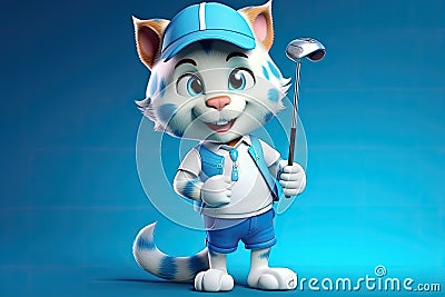 Petfluencers - The Purr-fect Golfer: A Cat's Ascent to Championship Glory on Blue Background Stock Photo