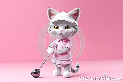Petfluencers - The Purr-fect Golfer: A Cat's Ascent to Championship Glory on Pink Background Stock Photo