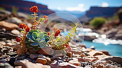 Petite Desert Blooms and Vast Canyon Depths Stock Photo