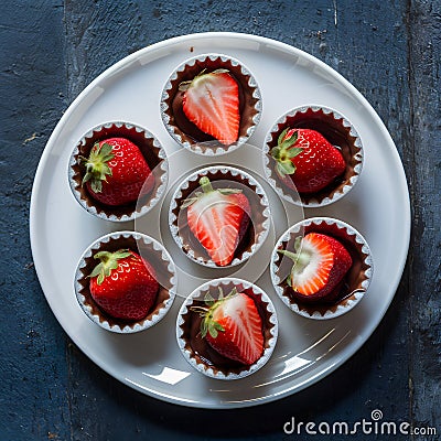 Petite desserts featuring strawberries and chocolate, served on white plate Stock Photo