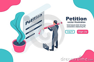 Petition concept. Businessman writes petition Cartoon Illustration