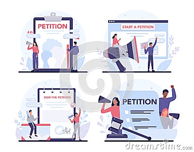 Petition concept set. Collective public appeal document. Signing Vector Illustration