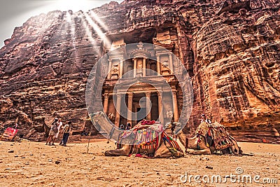 Petra - October 01, 2018: Treasury of the ancient city of Petra, Wonder of the World, Jordan Editorial Stock Photo