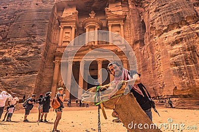 Petra - October 01, 2018: Treasury of the ancient city of Petra, Wonder of the World, Jordan Editorial Stock Photo