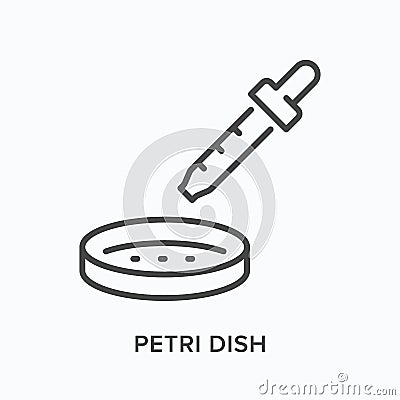 Petri dish and pipette flat line icon. Vector outline illustration of microbiology. Black thin linear pictogram for Vector Illustration