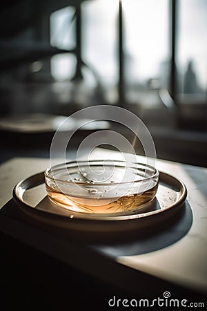 Petri plate with bacteria cells on table in lab, created using generative ai technology Stock Photo
