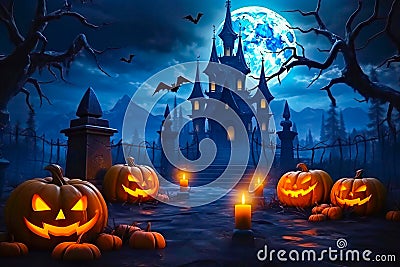 Petrifying Night Scene: Eerie Pumpkins and Candles Alight Stock Photo