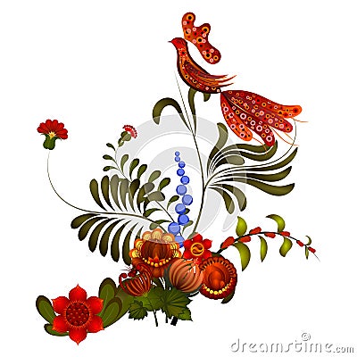 Petrikov painting. Floral ornament on white background. Vector Illustration