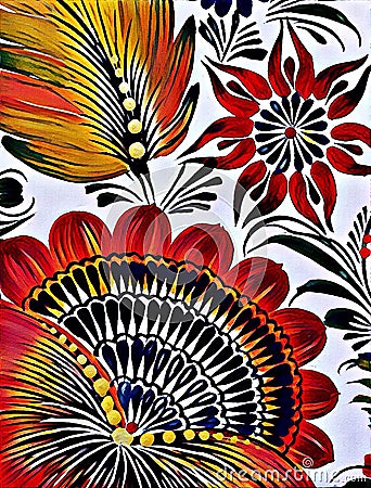 Petrikovka`s painting. Colorful painting flower with leaves. Traditional Ukrainian painting. Stock Photo