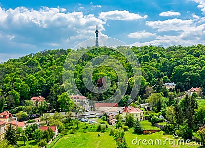 Petrin hill with lookout tower in Prague, Czech Republic Stock Photo