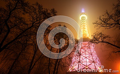 Petrin Tower in Prague at Night in Fog Editorial Stock Photo