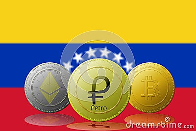 PETRO,ETHEREUM,BITCOIN,cryptocurrency with VENEZUELA flag on background Editorial Stock Photo