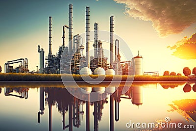 petrochemical industry oil refinery chemical plant with pipeline, chimney at river bank Stock Photo