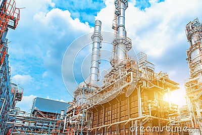 Petrochemical oil refinery, Refinery oil and gas industry, The equipment of oil refining, Close-up of Pipelines and petrochemical Stock Photo