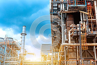 Petrochemical oil refinery, Refinery oil and gas industry, The equipment of oil refining, Close-up of Pipelines and petrochemical Stock Photo