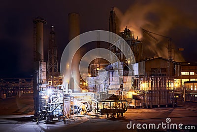 Petrochemical plant in night. Ammonia synthesis complex. Long exposure photography. Stock Photo