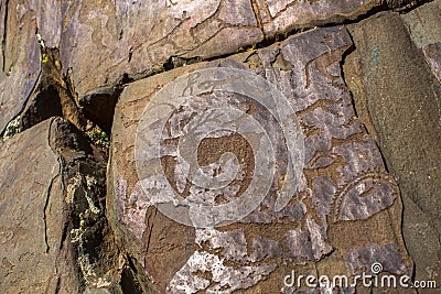 Petroglyphs of Altay. Ancient rock paintings in the Altai Mountains Stock Photo