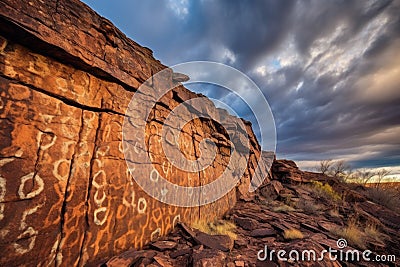 petroglyphs on a cliff face with dramatic sky background Stock Photo